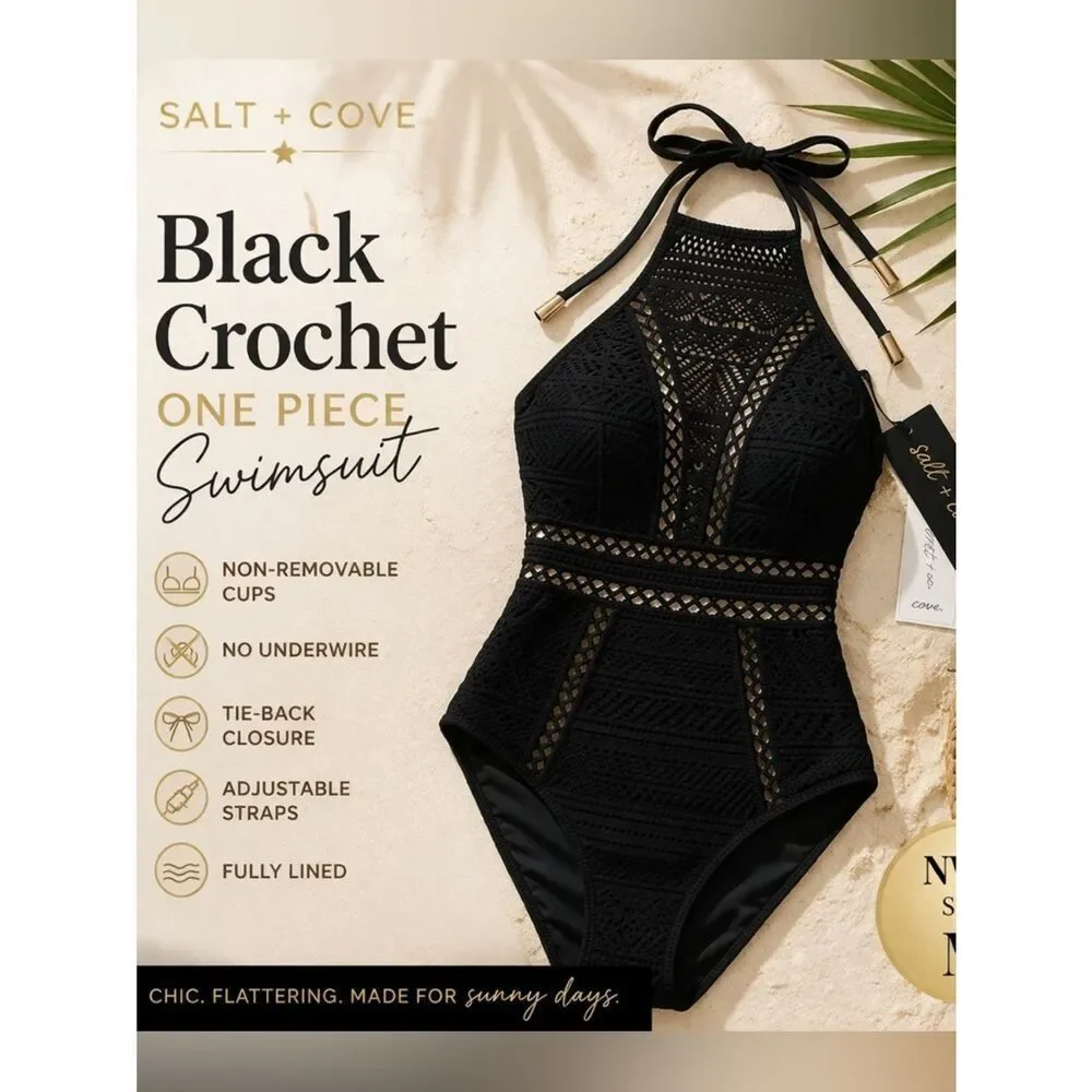✨ Salt + Cove Black Crochet One Piece Swimsuit Size Medium NWT ✨
